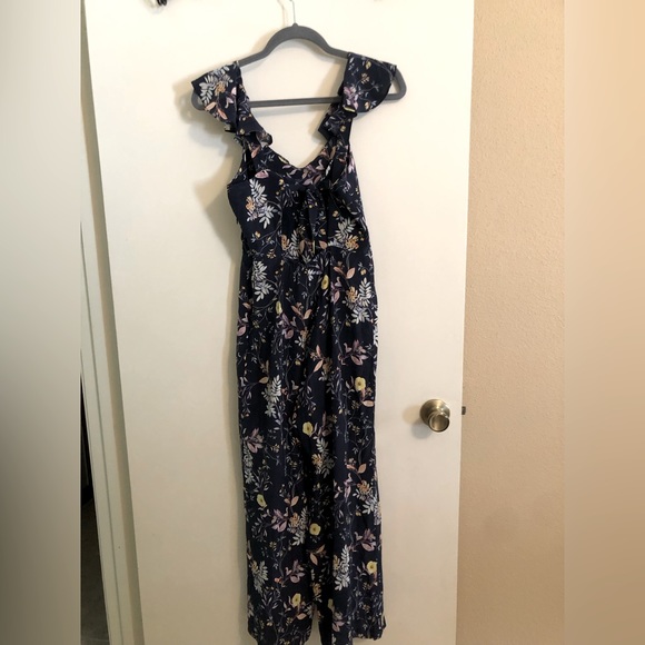 Amour Vert Silk Isabella Ruffle Open Back V-Neck Jumpsuit Floral Jardin Navy XS - Picture 6 of 7